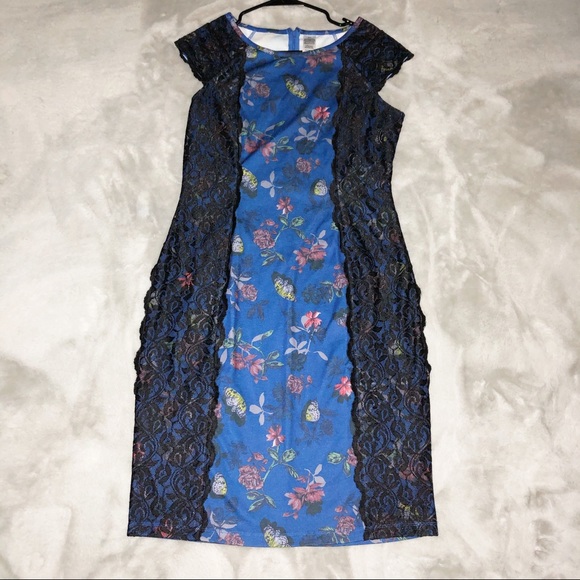 Black Lace Dress Blue Butterfly Print Midi - Picture 1 of 11